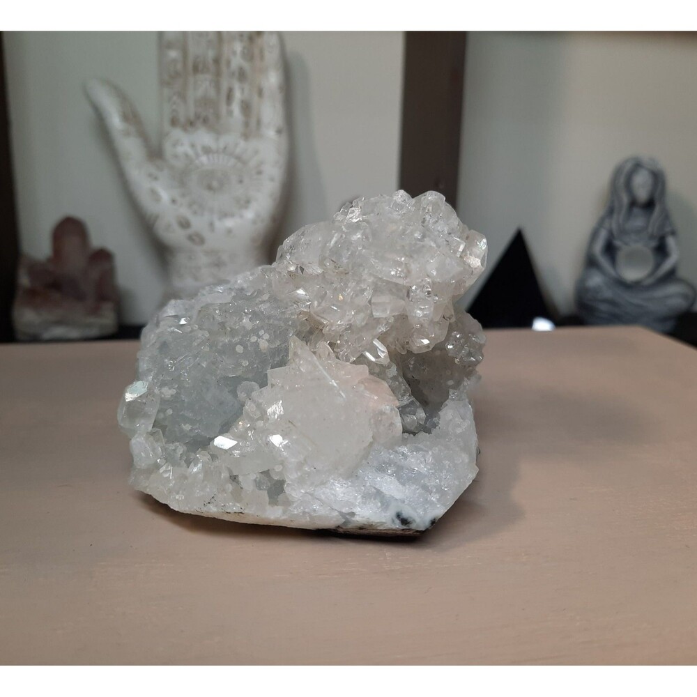 Diamond Apophyllite Peach Stilbite Zeolite on Grey Blue Chalcedony